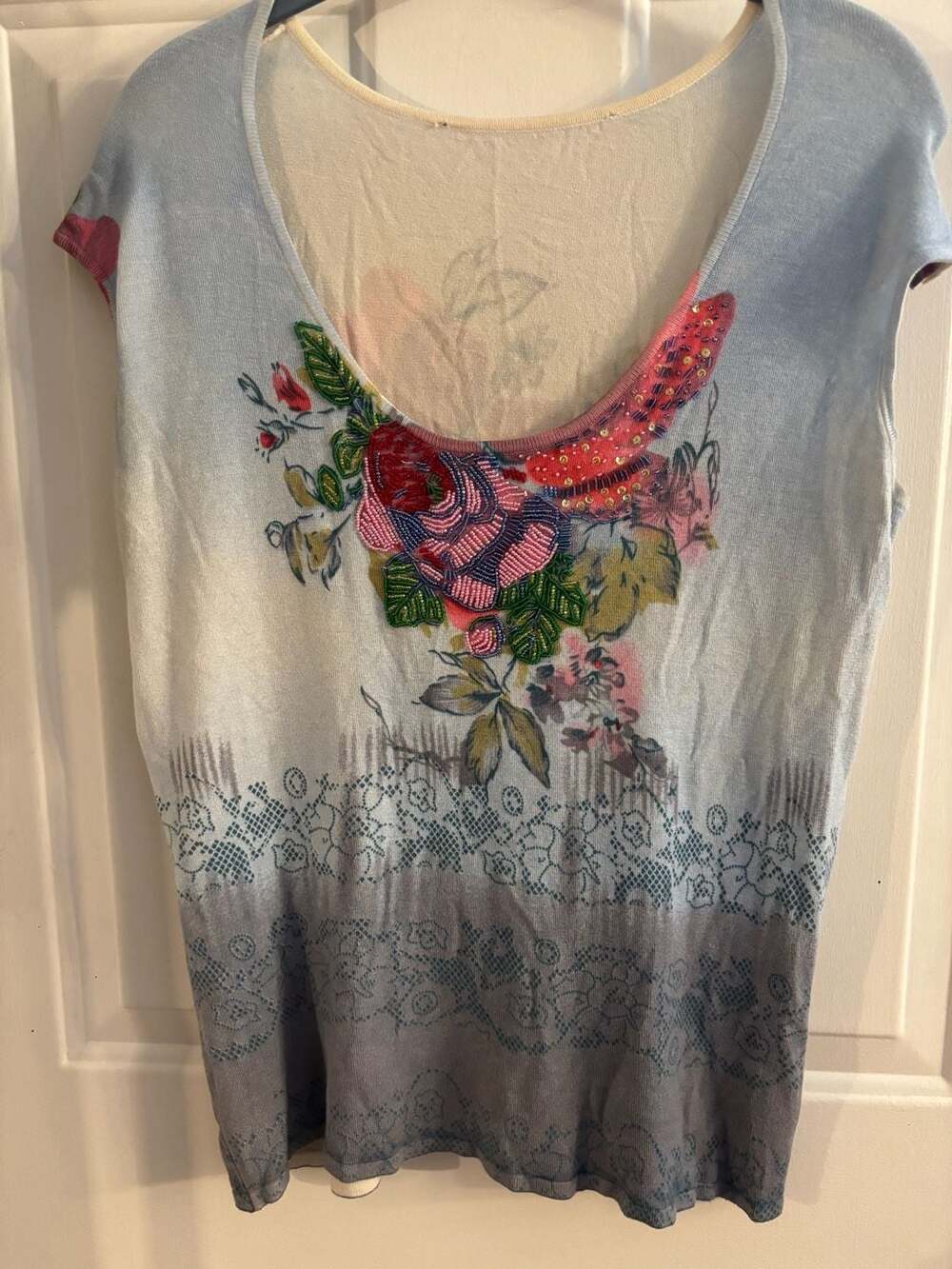 Save the Queen Multicolour Floral Art Beaded Cap Sleeve Top Blouse